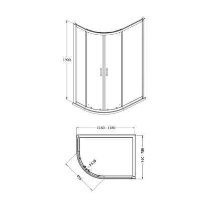 [BELUQ128BP-E8] Ellenhall 8mm Glass Offset Quadrant Shower Enclosure, 1900mm Height - Choice of Colour - Technical Drawing