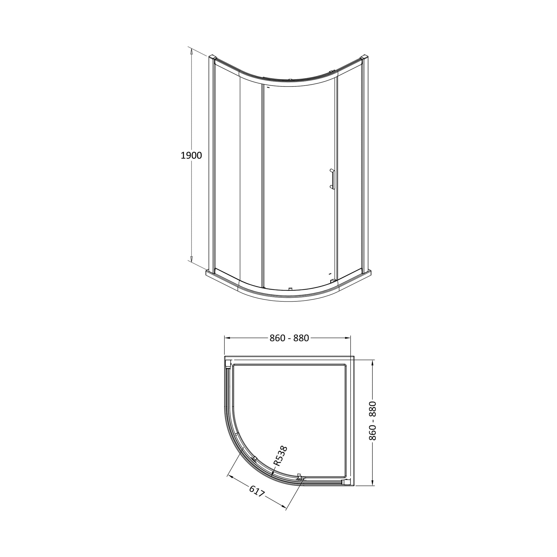 [BELUQ9E1-E8] 1900 x 900mm Single Door Quadrant 8mm - Technical Drawing