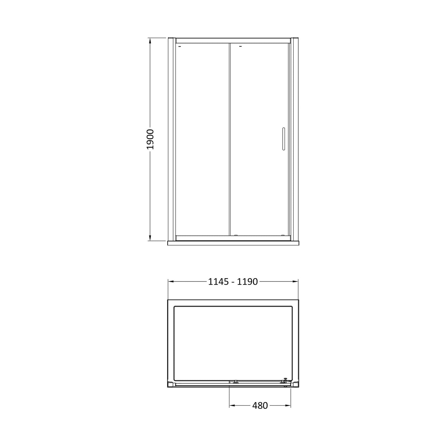 [BELUSL12BB-E8] Ellenhall 8mm Toughened Safety Glass Sliding Shower Door, 1900mm Height - Choice of Size and Finish - Technical Drawing