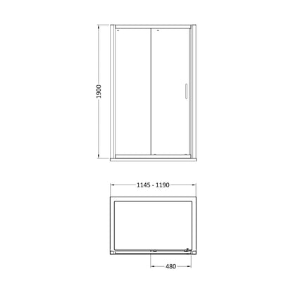 [BELUSL12BP-E8] Ellenhall 8mm Toughened Safety Glass Sliding Shower Door, 1900mm Height - Choice of Size and Finish - Technical Drawing