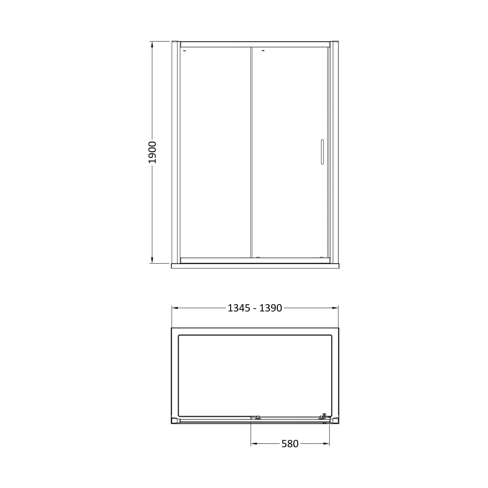 [BELUSL14-E8] Ellenhall 8mm Toughened Safety Glass Sliding Shower Door, 1900mm Height - Choice of Size and Finish - Technical Drawing