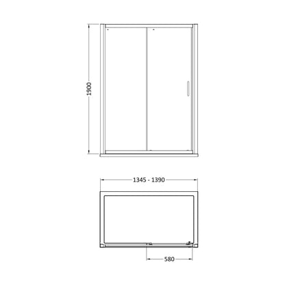 [BELUSL14-E8] Ellenhall 8mm Toughened Safety Glass Sliding Shower Door, 1900mm Height - Choice of Size and Finish - Technical Drawing