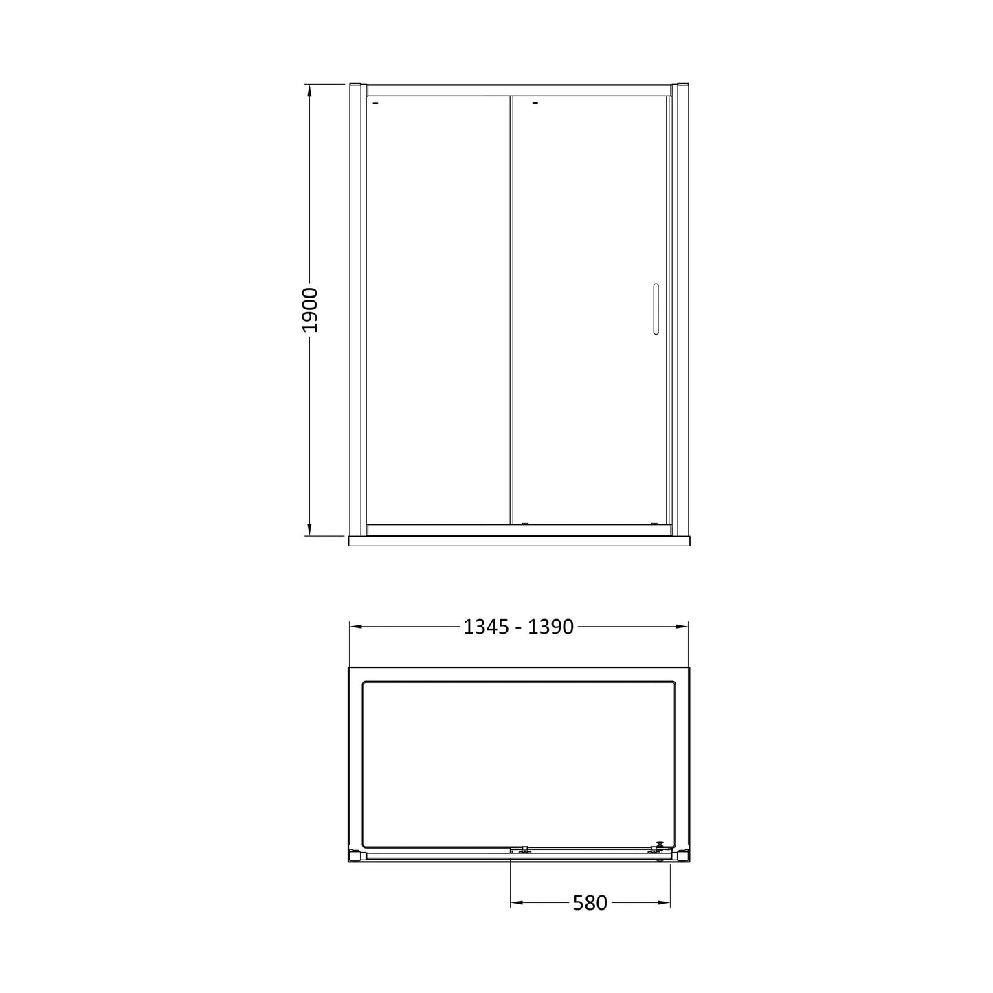[BELUSL14BP-E8] Ellenhall 8mm Toughened Safety Glass Sliding Shower Door, 1900mm Height - Choice of Size and Finish - Technical Drawing