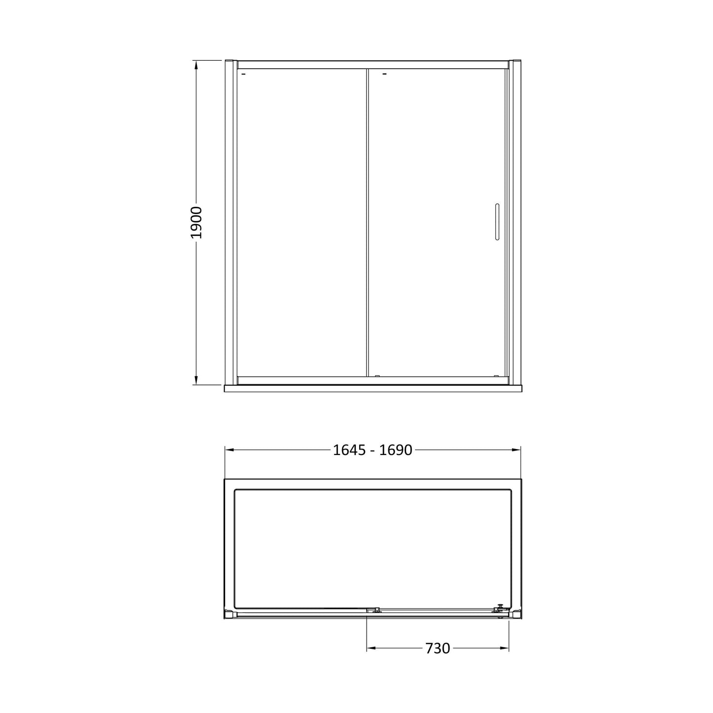 [BELUSL17BB-E8] Ellenhall 8mm Toughened Safety Glass Sliding Shower Door, 1900mm Height - Choice of Size and Finish - Technical Drawing