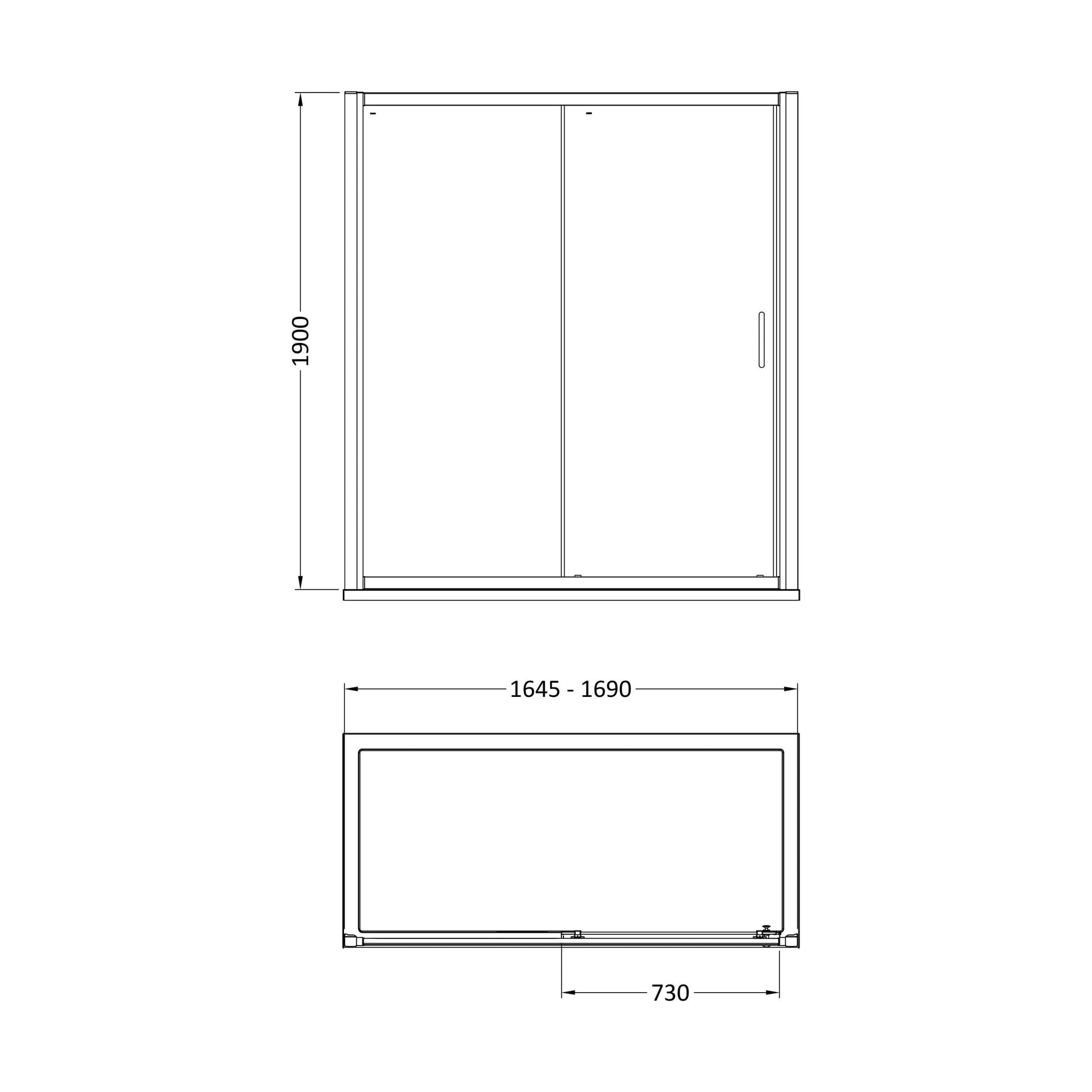 [BELUSL17BB-E8] Ellenhall 8mm Toughened Safety Glass Sliding Shower Door, 1900mm Height - Choice of Size and Finish - Technical Drawing