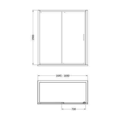 [BELUSL17BB-E8] Ellenhall 8mm Toughened Safety Glass Sliding Shower Door, 1900mm Height - Choice of Size and Finish - Technical Drawing