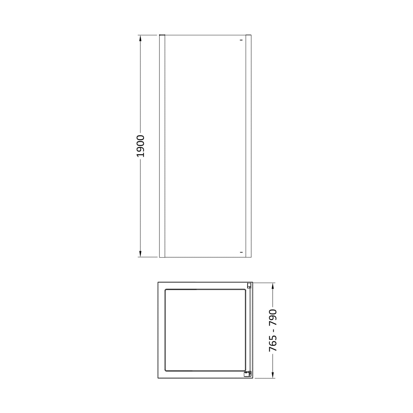 [BELUSP80BB-E8] Ellenhall 8mm Toughened Safety Glass Shower Side Panel, 1900mm Height - Choice of Size and Finish - Technical Drawing