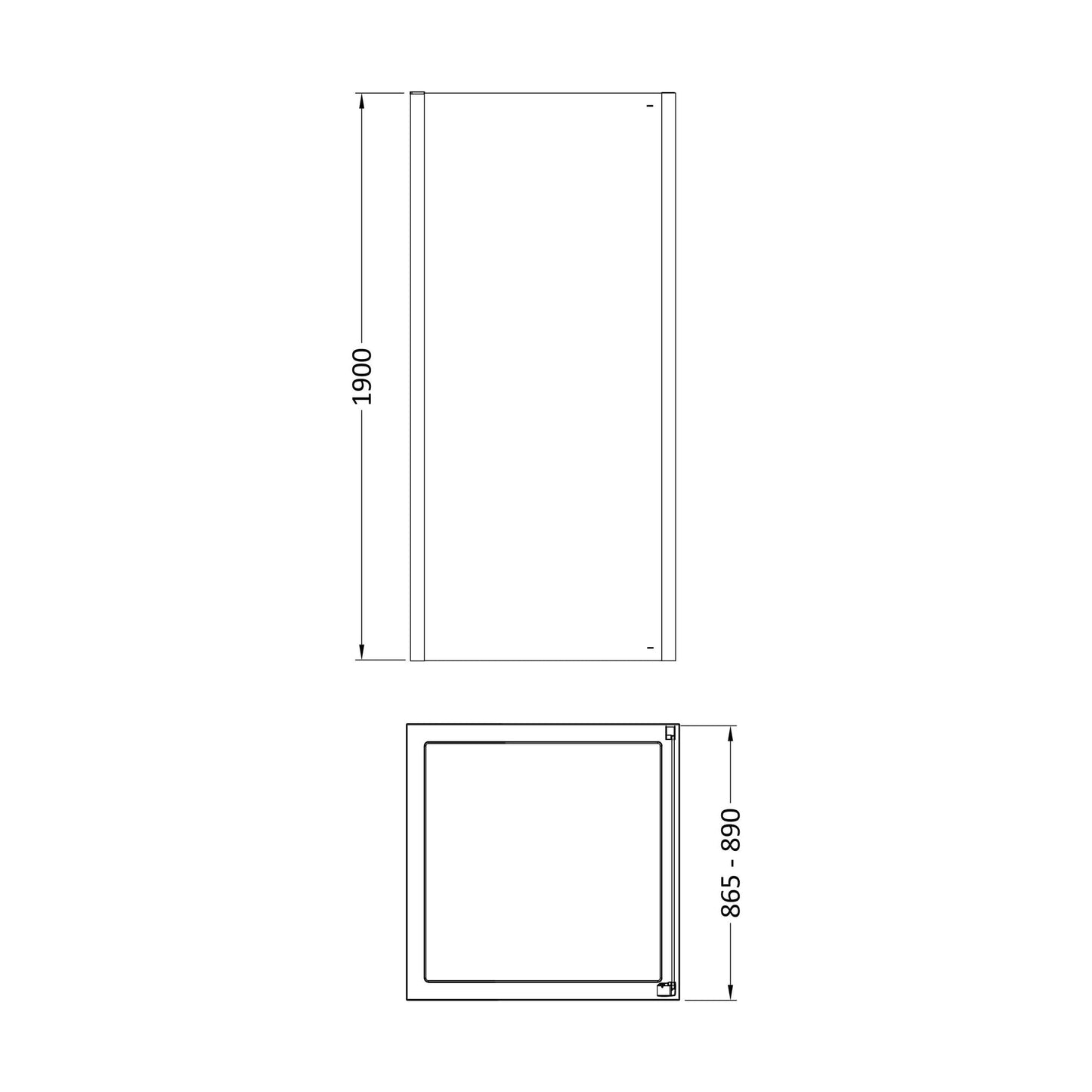 [BELUSP90-E8] Ellenhall 8mm Toughened Safety Glass Shower Side Panel, 1900mm Height - Choice of Size and Finish - Technical Drawing