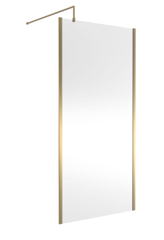 Balterley Contemporary Bathroom 8mm Glass Outer Framed Wetroom Screen with Support Bar, Brushed Brass, 1950 x 1000 x 14mm