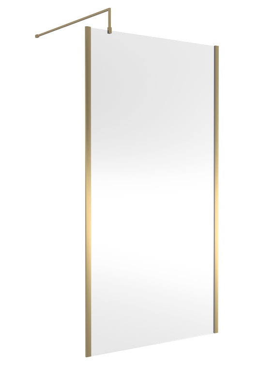 Balterley Contemporary Bathroom 8mm Glass Outer Framed Wetroom Screen with Support Bar, Brushed Brass, 1950 x 1100 x 14mm