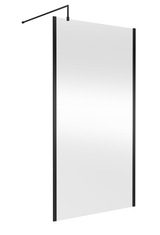 Balterley Contemporary Bathroom 8mm Glass Outer Framed Wetroom Screen with Support Bar, Matt Black, 1950 x 1100 x 14mm