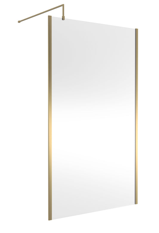 Balterley Contemporary Bathroom 8mm Glass Outer Framed Wetroom Screen with Support Bar, Brushed Brass, 1950 x 1200 x 14mm