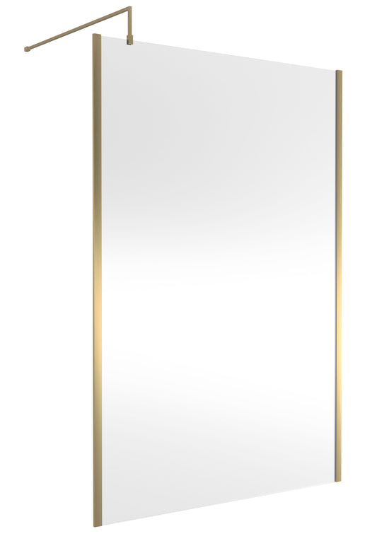 Balterley Contemporary Bathroom 8mm Glass Outer Framed Wetroom Screen with Support Bar, Brushed Brass, 1950 x 1400 x 14mm