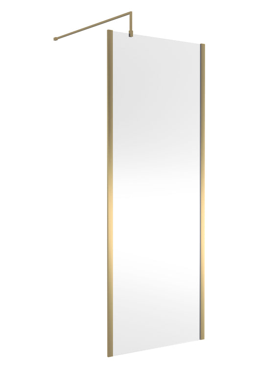 Balterley Contemporary Bathroom 8mm Glass Outer Framed Wetroom Screen with Support Bar, Brushed Brass, 1950 x 800 x 14mm