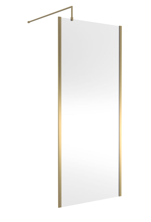 Balterley Contemporary Bathroom 8mm Glass Outer Framed Wetroom Screen with Support Bar, Brushed Brass, 1950 x 900 x 14mm