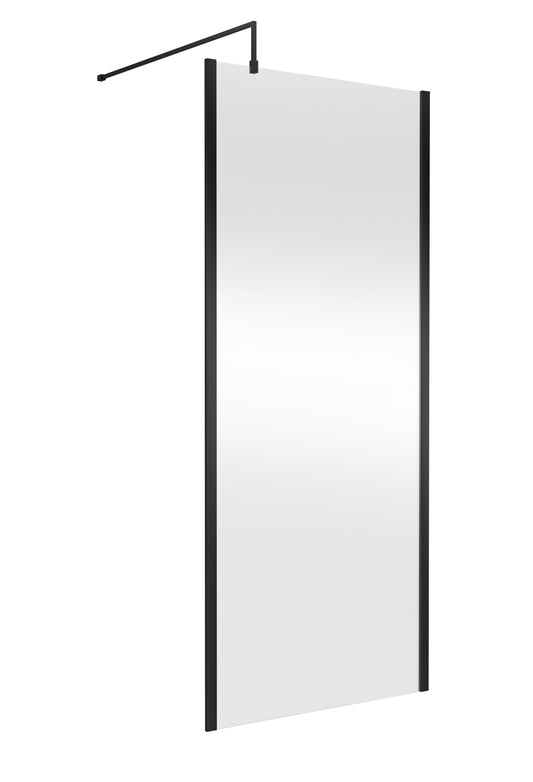 Balterley Contemporary Bathroom 8mm Glass Outer Framed Wetroom Screen with Support Bar, Matt Black, 1950 x 900 x 14mm