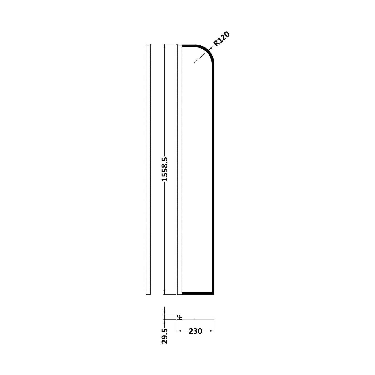 [BERBP215] Balterley Contemporary Bathroom 8mm Glass Arched Wetroom Return Screen, Matt Black, 1559 x 230 x 30mm - Technical Drawing