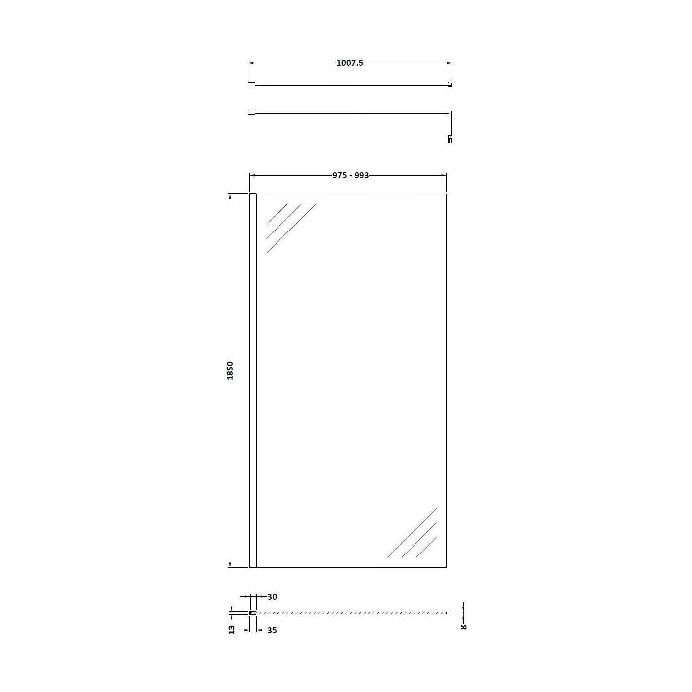 [BERSCBP10] 1000mm Wetroom Screen & Bar MB - Technical Drawing