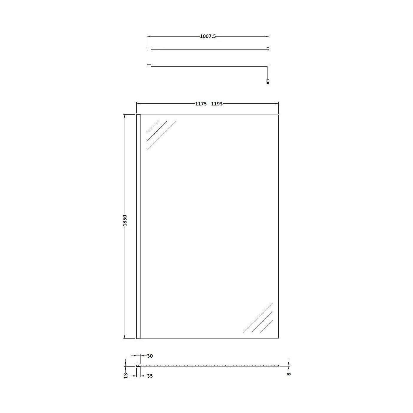 [BERSCBP12] 1200 Wetroom panel/suport bar, MB - Technical Drawing