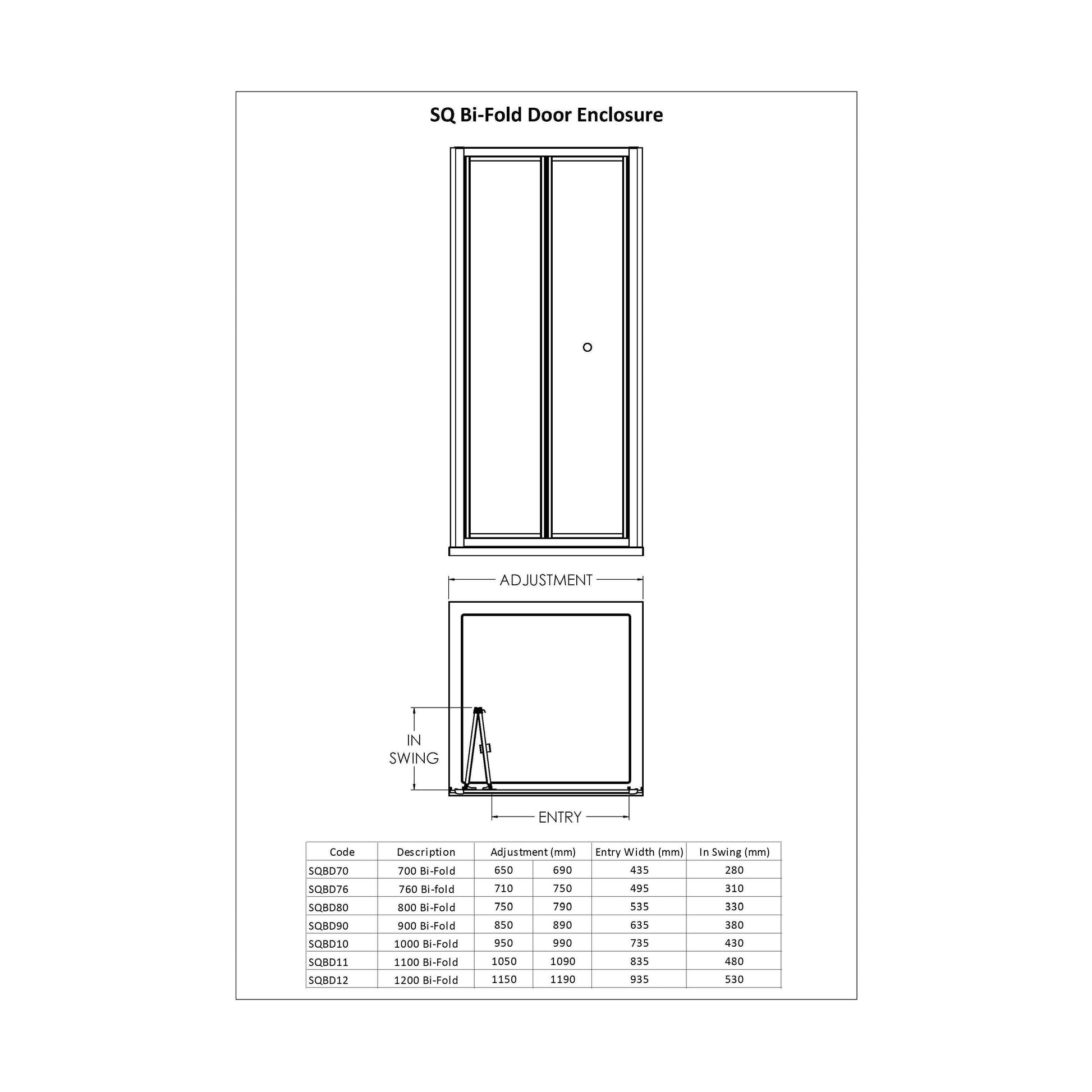[BERUBD90] 4mm Toughened Safety Glass Reversible Bi-Fold Shower Door - 900mm - Chrome - Technical Drawing