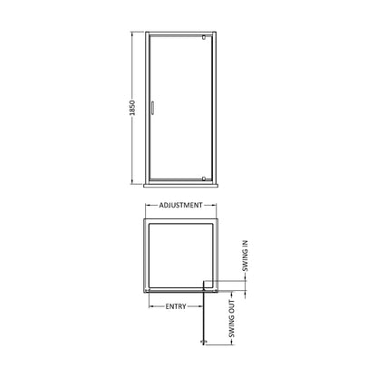 [BERUPD90BB] 900x1850mm Pivot Shower Door - Technical Drawing