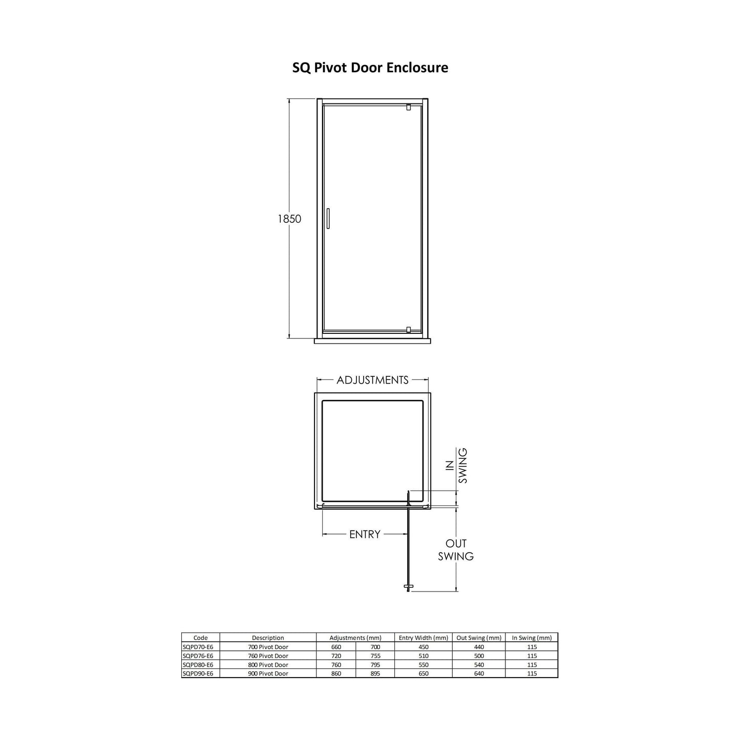 [BERUPD90BP] 6mm Toughened Safety Glass Reversible Pivot Shower Door - 900mm - Black - Technical Drawing