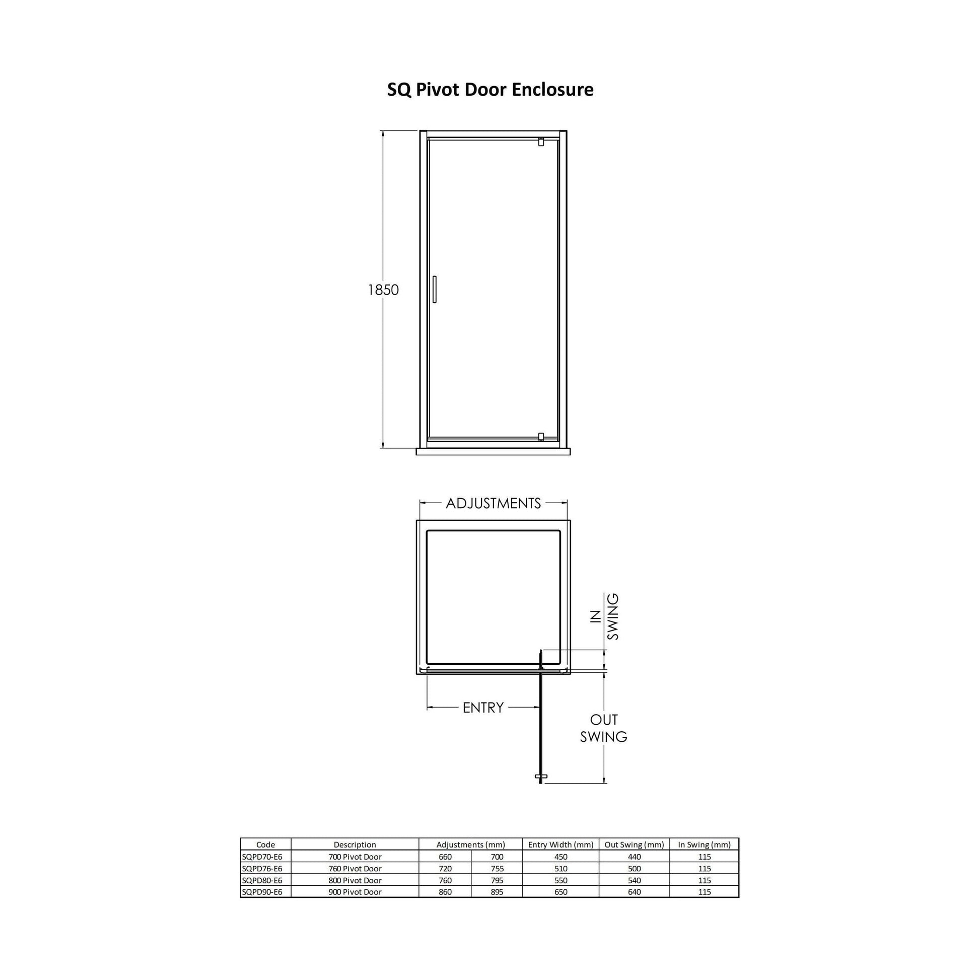 [BERUPD90BP] 6mm Toughened Safety Glass Reversible Pivot Shower Door - 900mm - Black - Technical Drawing