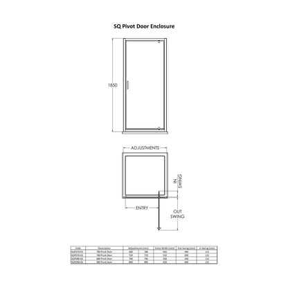 [BERUPD90BP] 6mm Toughened Safety Glass Reversible Pivot Shower Door - 900mm - Black - Technical Drawing
