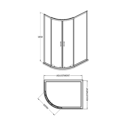 [BERUQ108] Offset Quadrant 6mm Toughened Safety Glass Shower Enclosure - 1000mm x 800mm - Chrome - Technical Drawing
