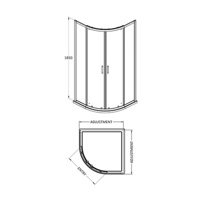 [BERUQ90] Quadrant 6mm Toughened Safety Glass Shower Enclosure - 900mm x 900mm - Chrome - Technical Drawing