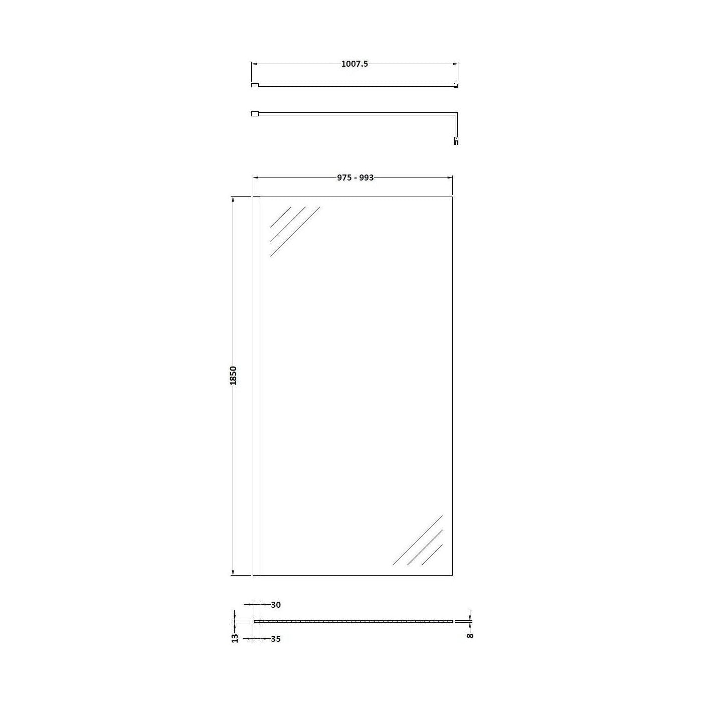 [BESCGM010] 1000 Wetroom panel/suport bar, BP - Technical Drawing