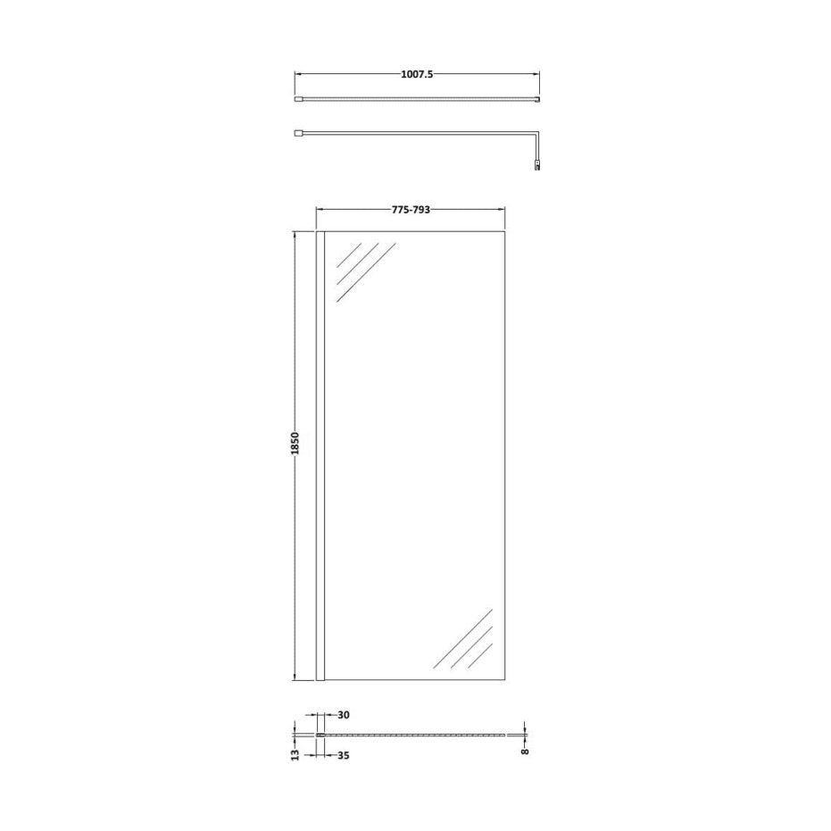 [BESCGM090] 900 Wetroom panel/suport bar, BP - Technical Drawing
