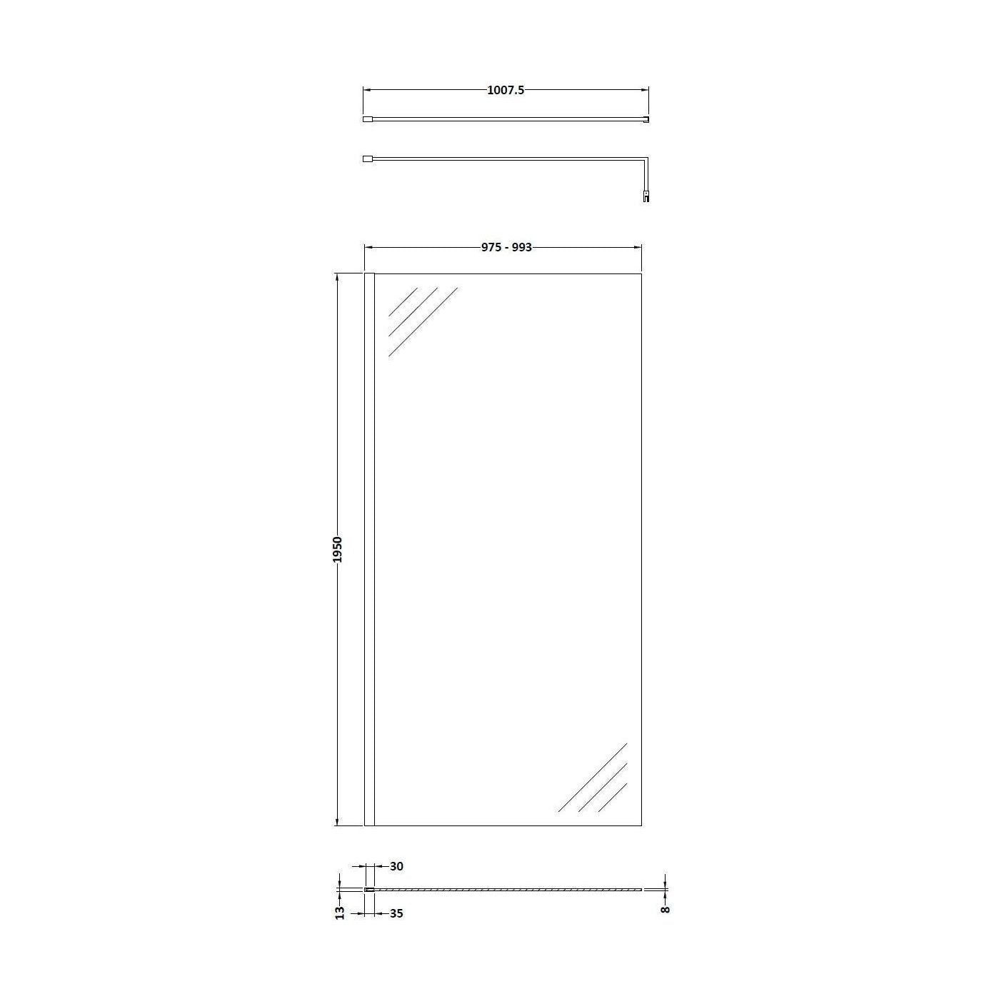 [BESO1000BB] Balterley Contemporary Bathroom Wall 8mm Glass Wetroom Screen with Support Bar, Brushed Brass, 1950 x 1000 x 14mm - Technical Drawing