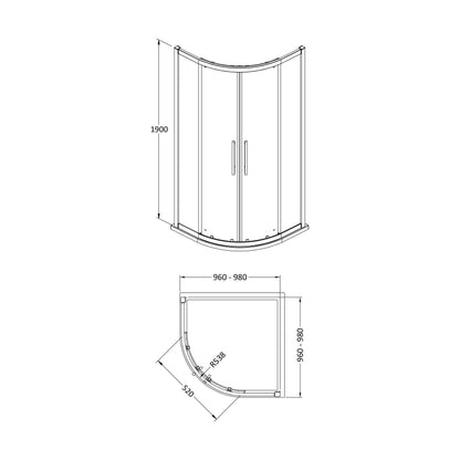 [BESO100BP] Balterley Sonic 1000mm Quadrant Shower Enclosure with 8mm Glass and Easyfit Assembly System - Black - Technical Drawing