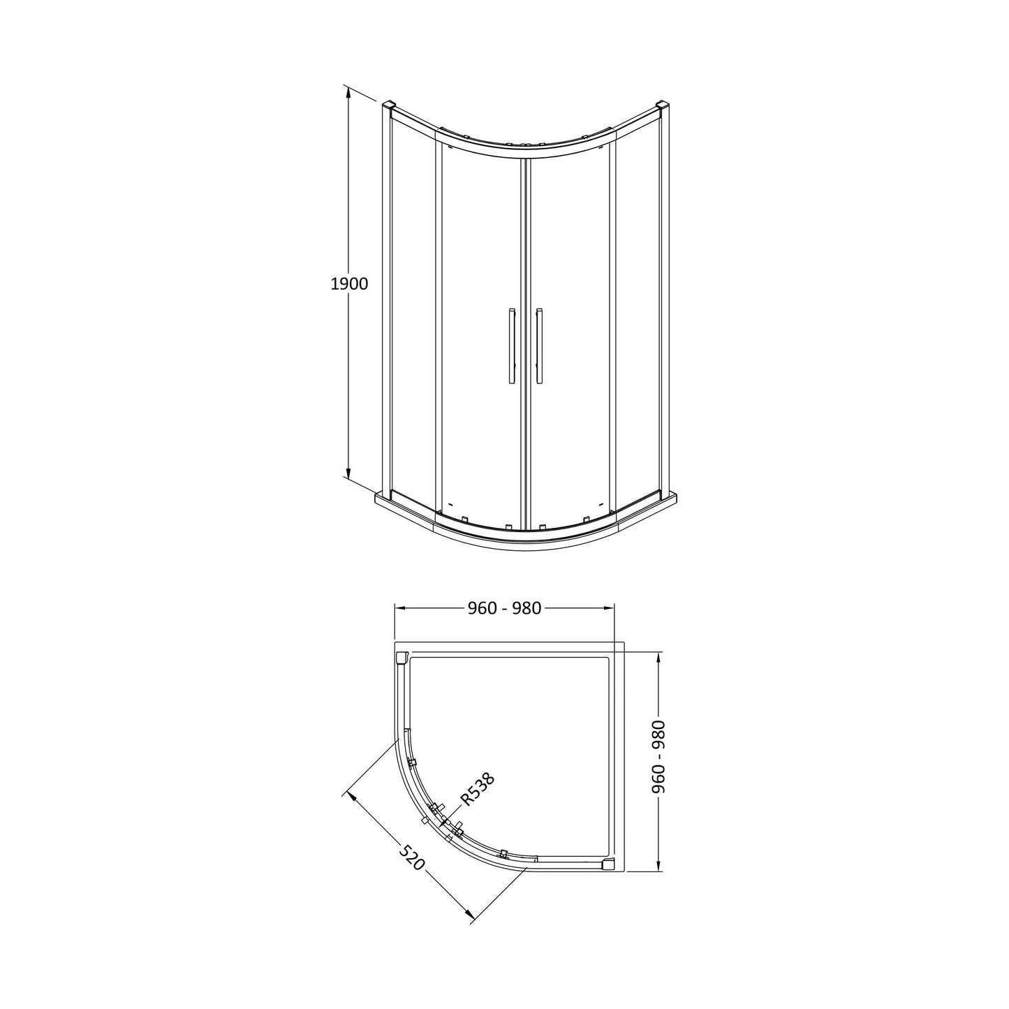 [BESO100] Balterley Sonic 1000mm Quadrant Shower Enclosure with 8mm Glass and Easyfit Assembly System - Chrome - Technical Drawing