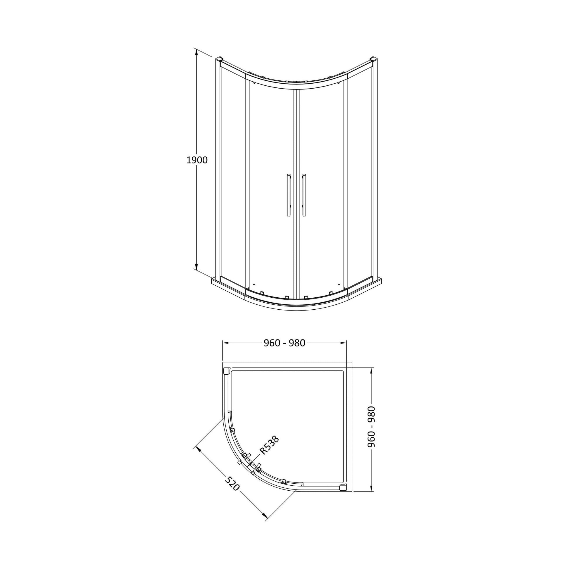 [BESO100] Balterley Sonic 1000mm Quadrant Shower Enclosure with 8mm Glass and Easyfit Assembly System - Chrome - Technical Drawing