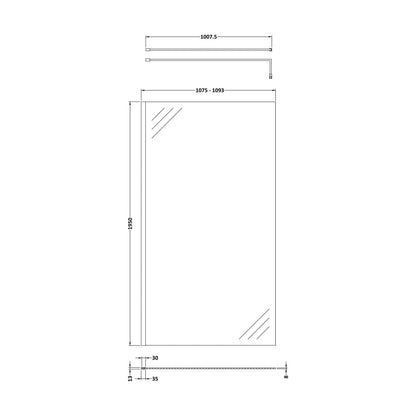 [BESO1100CP] Balterley Contemporary Bathroom 8mm Glass Profile Wetroom Screen with Support Bar, Chrome, 1950 x 1100 x 14mm - Technical Drawing