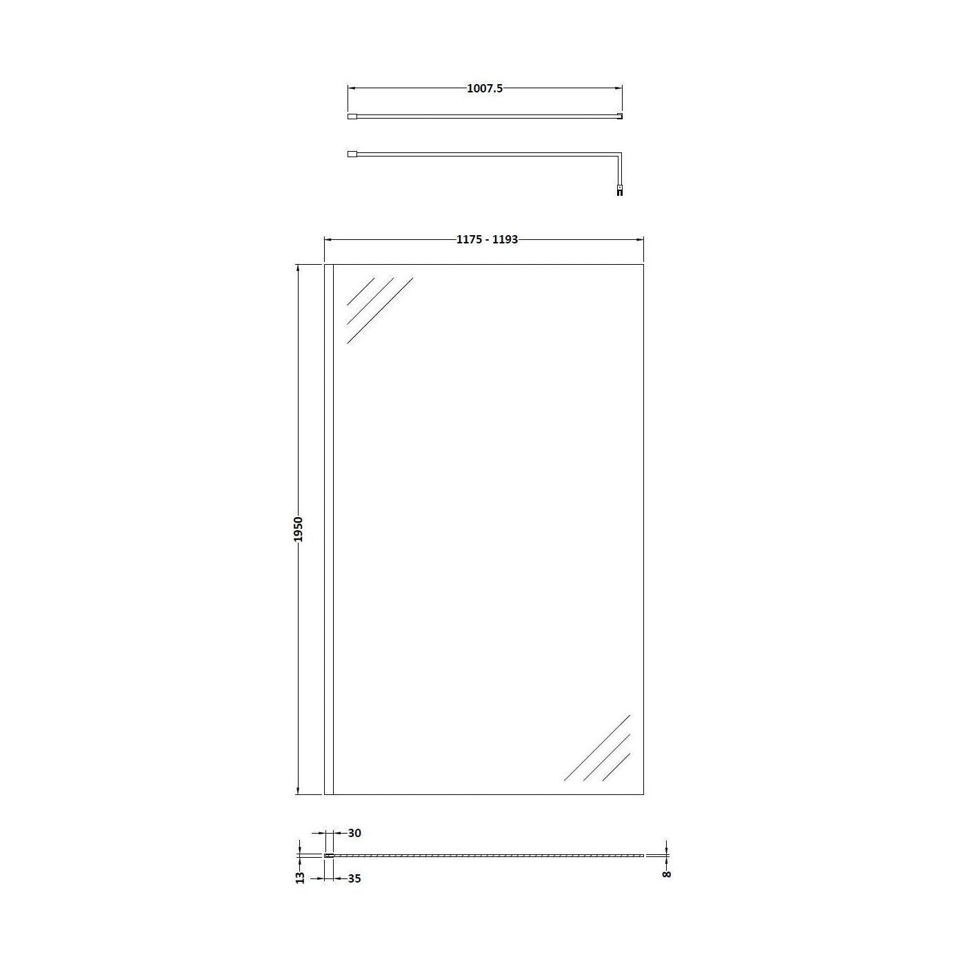 [BESO1200MB] Balterley Contemporary Bathroom 8mm Glass Profile Wetroom Screen with Support Bar, Matt Black, 1950 x 1200 x 14mm - Technical Drawing