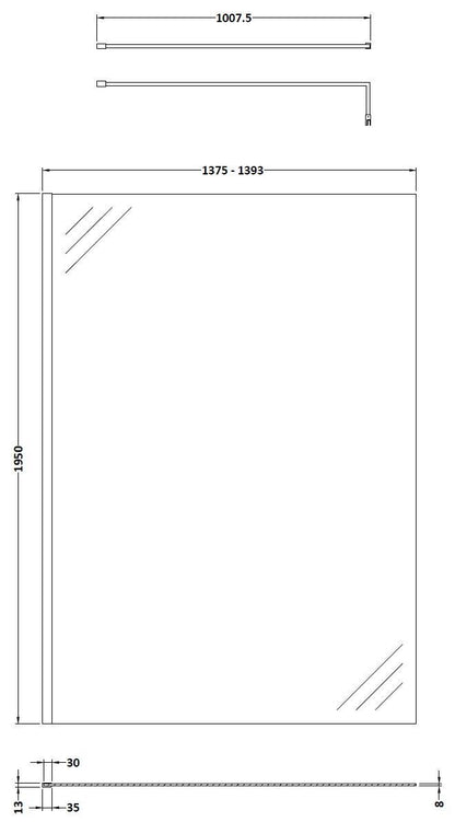 Balterley Contemporary Bathroom 8mm Glass Profile Wetroom Screen with Support Bar, Brushed Brass, 1950 x 1400 x 14mm