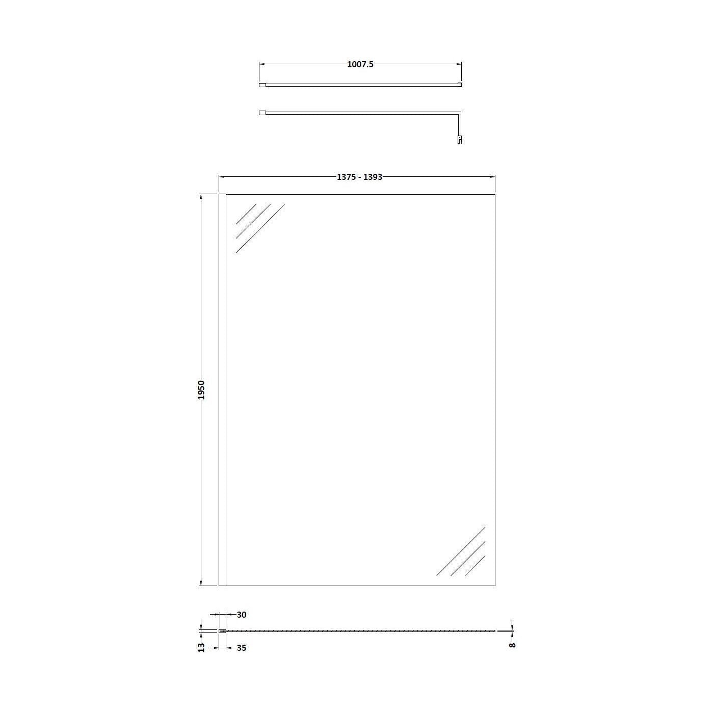 [BESO1400CP] Balterley Contemporary Bathroom 8mm Glass Profile Wetroom Screen with Support Bar, Chrome, 1950 x 1400 x 14mm - Technical Drawing