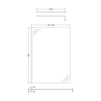[BESO1400MB] Balterley Contemporary Bathroom 8mm Glass Profile Wetroom Screen with Support Bar, Matt Black, 1950 x 1400 x 14mm - Technical Drawing