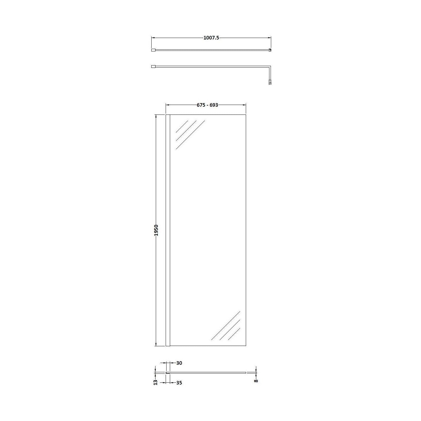 [BESO700CP] Balterley Contemporary Bathroom 8mm Glass Profile Wetroom Screen with Support Bar, Chrome, 1950 x 700 x 40mm - Technical Drawing