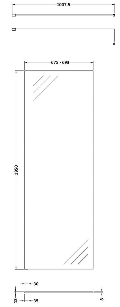 Balterley Contemporary Bathroom 8mm Glass Profile Wetroom Screen with Support Bar, Matt Black, 1950 x 700 x 14mm