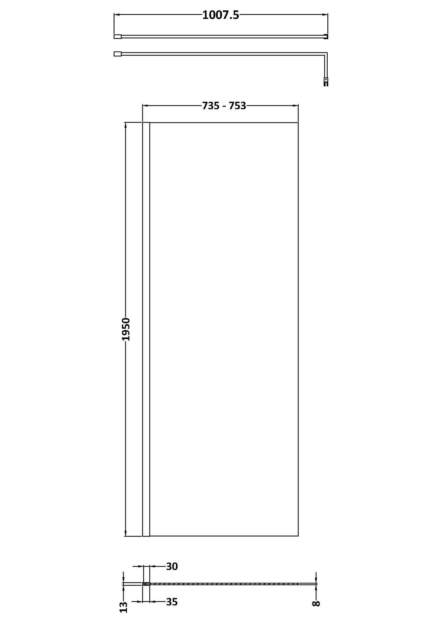 Balterley Contemporary Bathroom 8mm Glass Profile Wetroom Screen with Support Bar, Brushed Brass, 1950 x 760 x 14mm