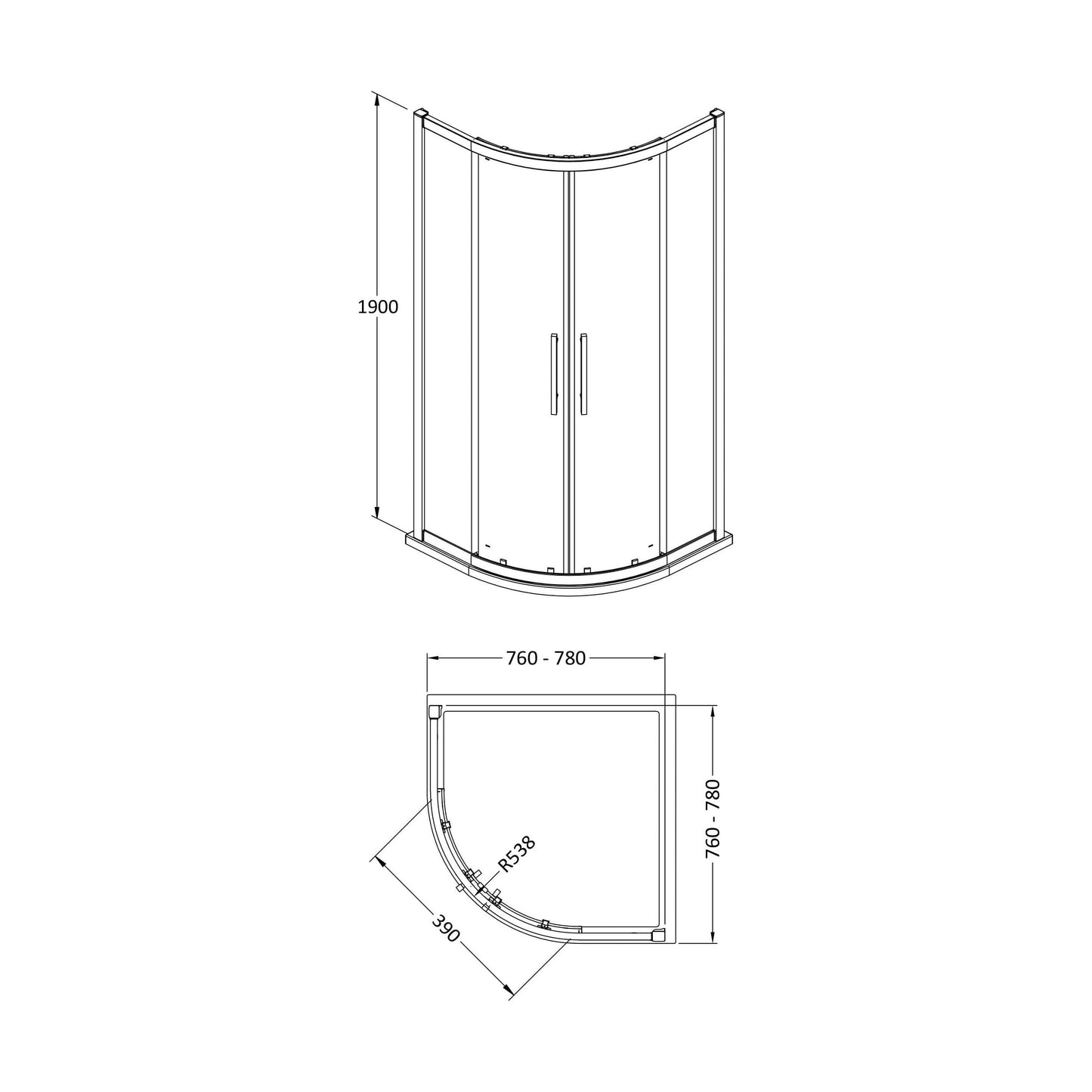 [BESO800H4] Balterley Sonic 800mm Quadrant Shower Enclosure with 8mm Glass, Bar Handle - Chrome - Technical Drawing