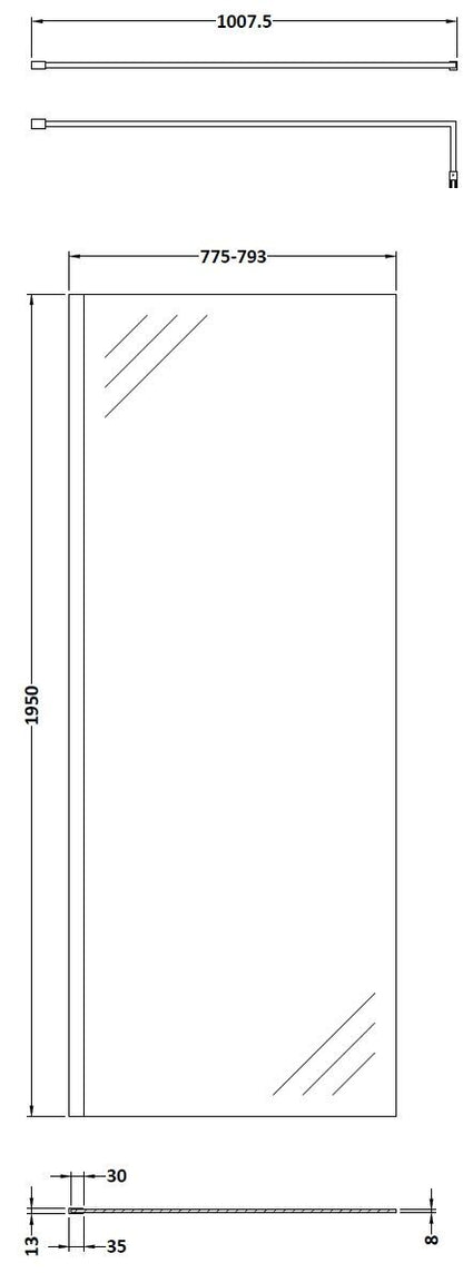 Balterley Contemporary Bathroom 8mm Glass Profile Wetroom Screen with Support Bar, Matt Black, 1950 x 800 x 14mm
