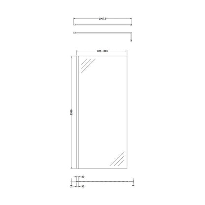 [BESO900BB] Balterley Contemporary Bathroom 8mm Glass Profile Wetroom Screen with Support Bar, Brushed Brass, 1950 x 900 x 14mm - Technical Drawing