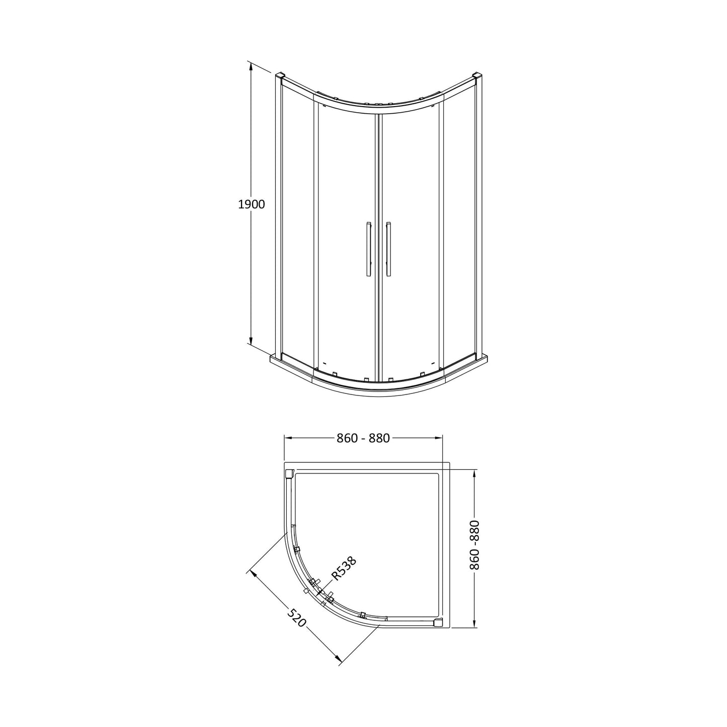 [BESO900] Balterley Sonic 900mm Shower Side Panel with 8mm Toughened Safety Glass and Easyfit Assembly System - Chrome - Technical Drawing