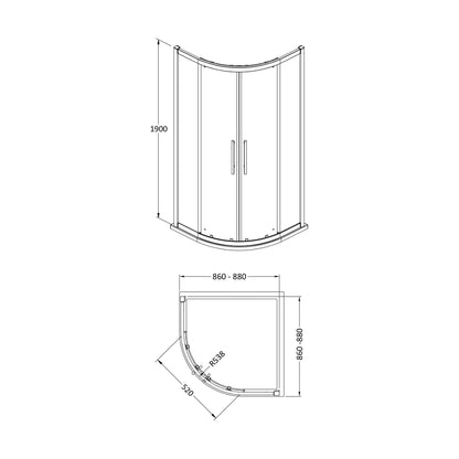 [BESO900] Balterley Sonic 900mm Shower Side Panel with 8mm Toughened Safety Glass and Easyfit Assembly System - Chrome - Technical Drawing