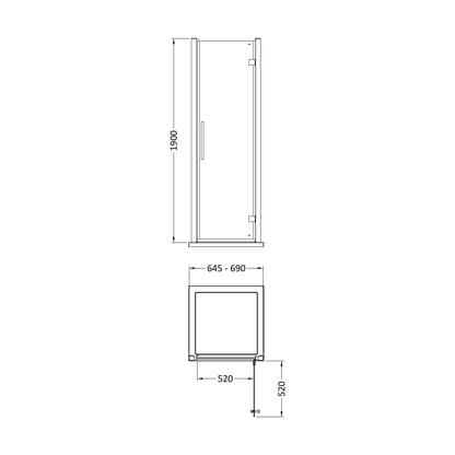 [BESOHD7H4] Sonic 8mm Toughened Safety Glass Hinged Shower Door - Multiple Sizes Available - Technical Drawing